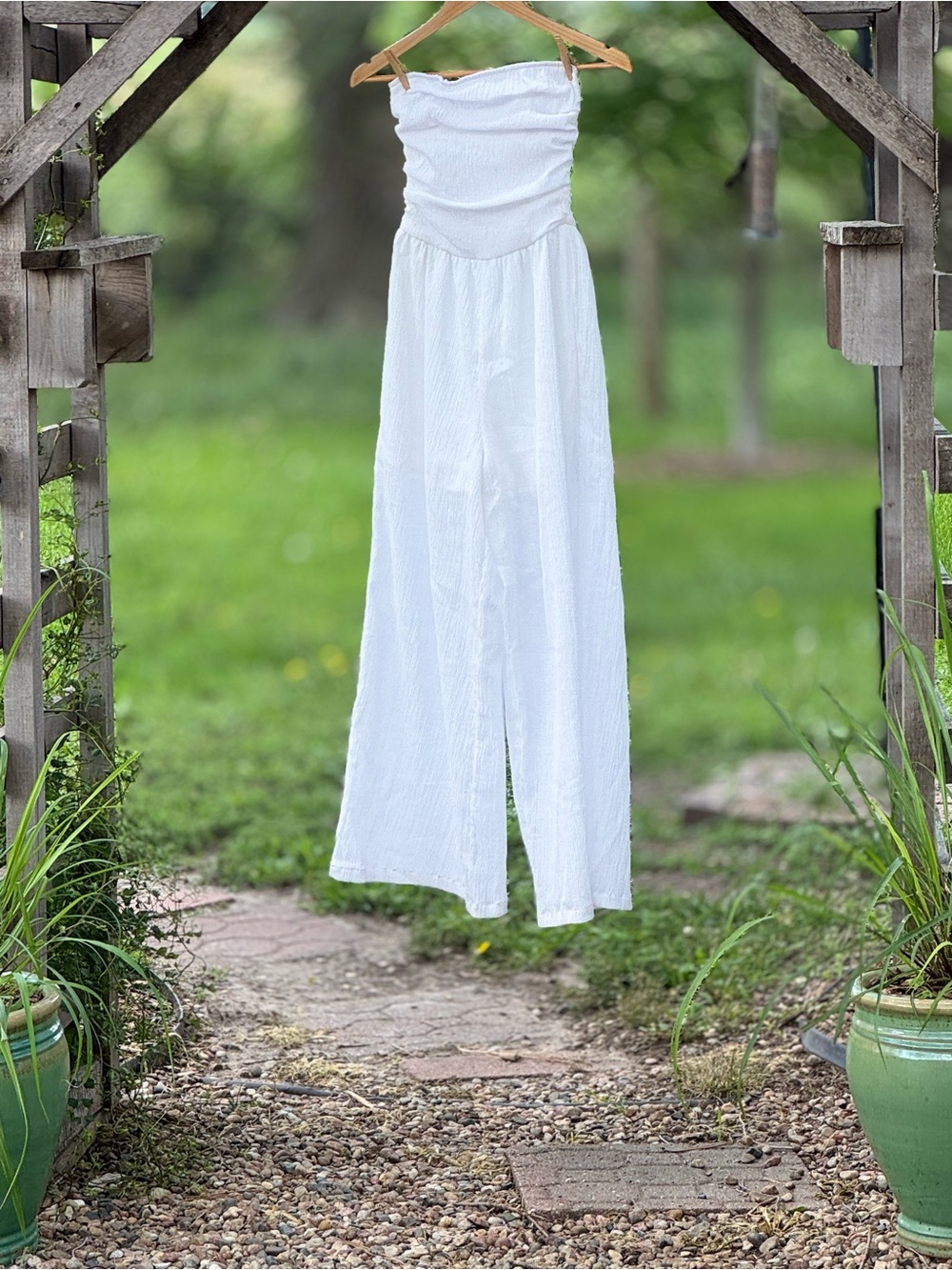 Cider White Strapless Smocked Wide Leg Jumpsuit NWT XS